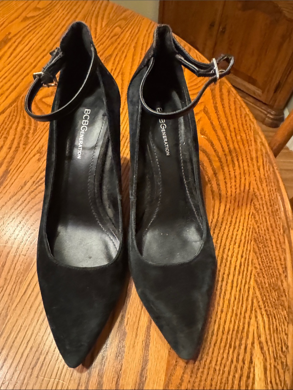BCBGeneration Black Suede Pointed Toe Ankle-Strap Pumps